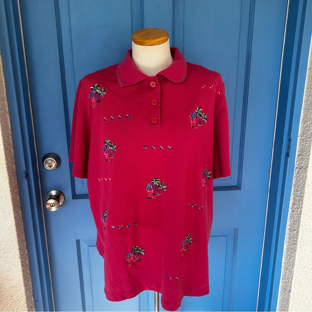 Vintage Alfred Dunner 2x Poly-cotton Blend Pink Tropical Embroidered Polo Shirt